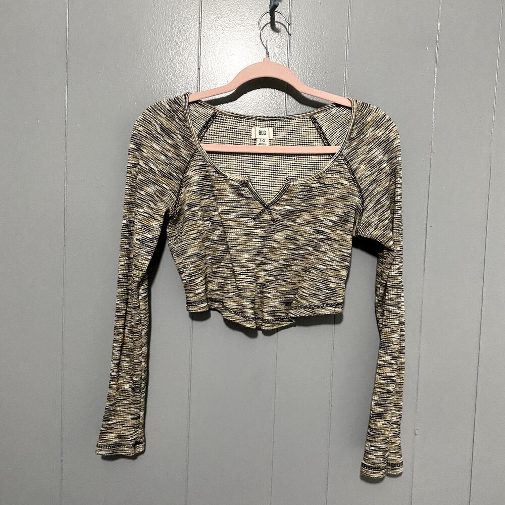 Urban Outfitters BDG Theo Brown Gray Notch Neck Long Sleeve Cropped Tee L